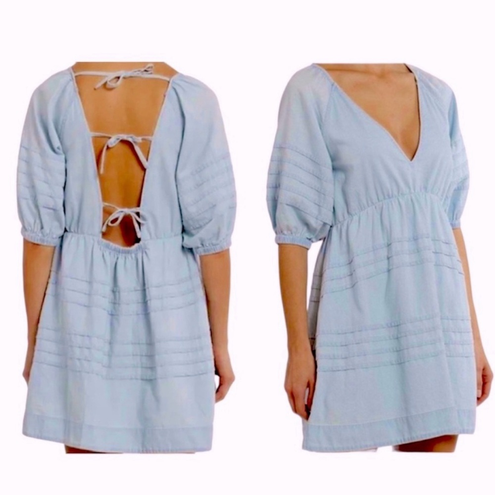 7 For All Mankind Dress Womens Large Chambray Open Back Balloon Sleeves